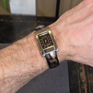 STUDIO! Cuff Watch Leopard Print Band Rectangular Silver Tone Art Deco Style